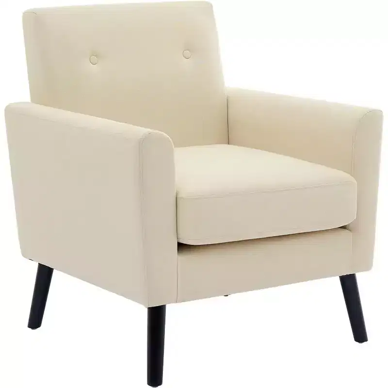 Modern Accent Chair with Linen Fabric, Upholstered Single Sofa Chair with Wood Legs & Thick Cushion, White Comfy Reading Armchair