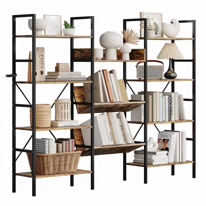 Bookshelf, 4-tier bookcase with 11 open display shelves, rustic industrial style bookshelf for bedroom, living room and home office