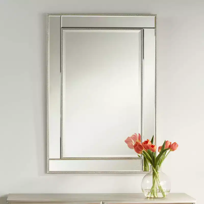 Noble Park Rectangular Vanity Decorative Wall Mirror Modern Beveled Edge Champagne Beaded Frame 27 Wide for Bathroom Bedroom Living Room Home Office