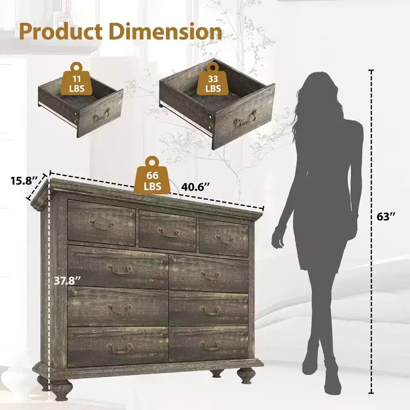 9-Drawer Dresser with Metal Handles – Wood Storage Chest for Bedroom or Living Room