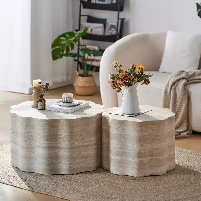 GDFStudio Arlen Modern 2 Piece Wooden Round Coffee Table with Wavy Edge