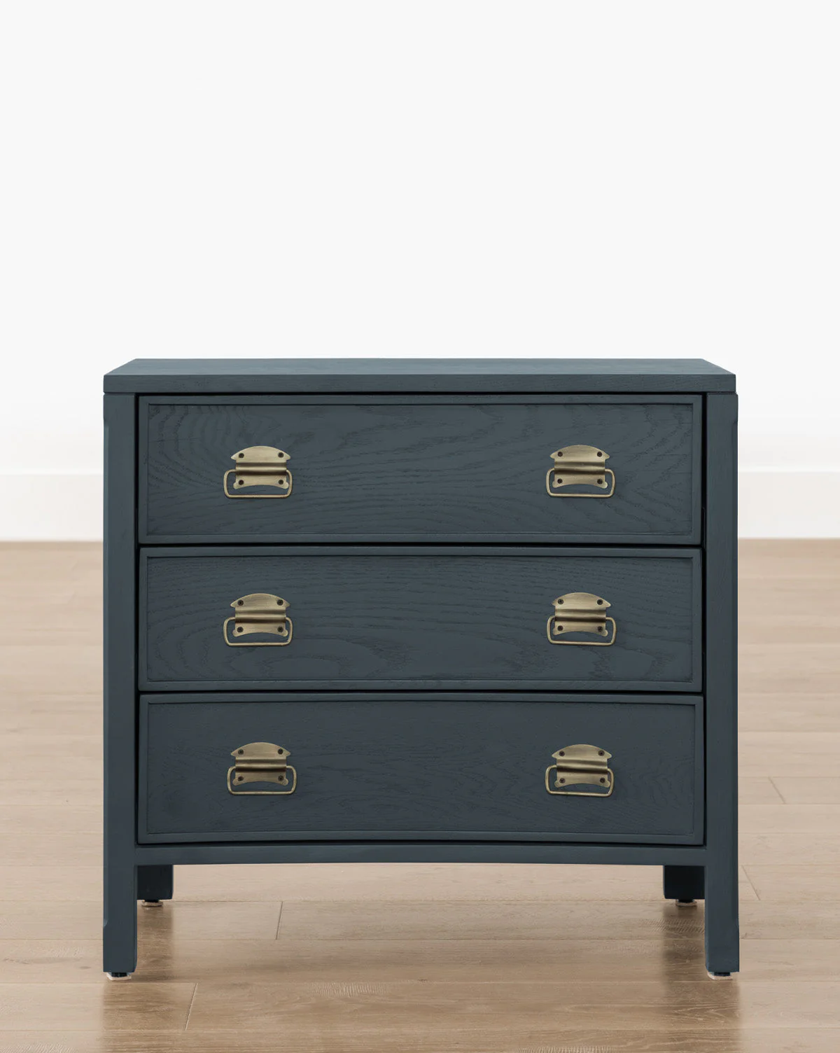 Modern Wood Nightstand with Curved Front & Brass Pulls for Bedroom