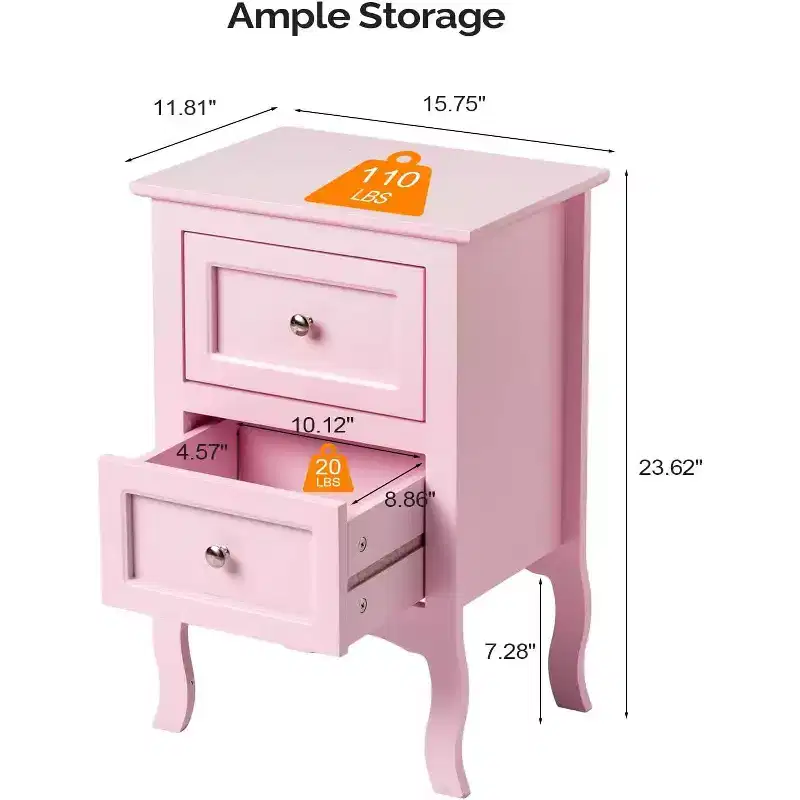 Bonnlo Nightstand Set of 2, Nightstands with 2 Drawers, Bed Side Table/Night Stand, Pink Nightstand