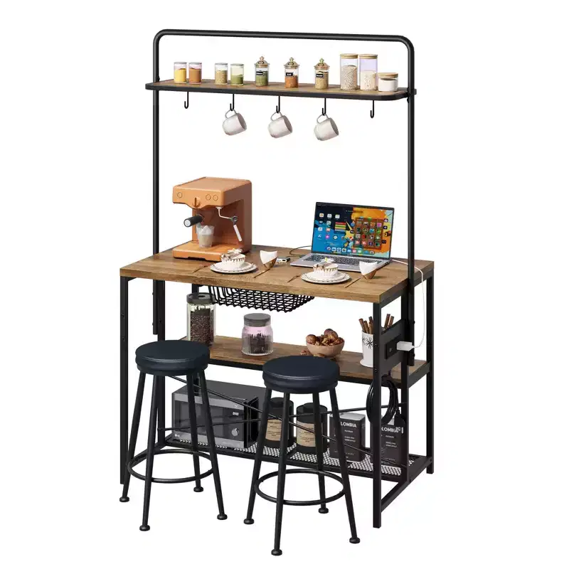 Industrial Kitchen Island Dining Table with Power Outlet  42'' Table, Storage Shelves, 2 Bar Stools, 5 Hooks, Microwave Stand  Coffee Bar