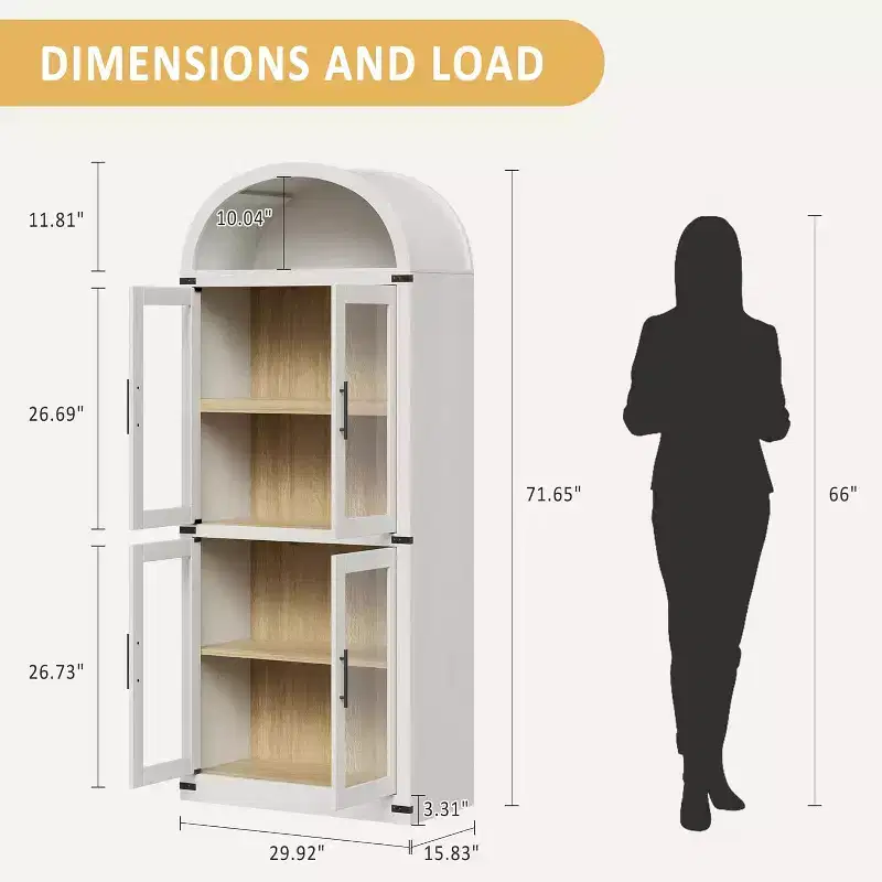 71.4in Tall Wooden Arched Bookshelf with Doors Farmhouse Rounded Bookcases for Living Room, Kitchen, Office (White)