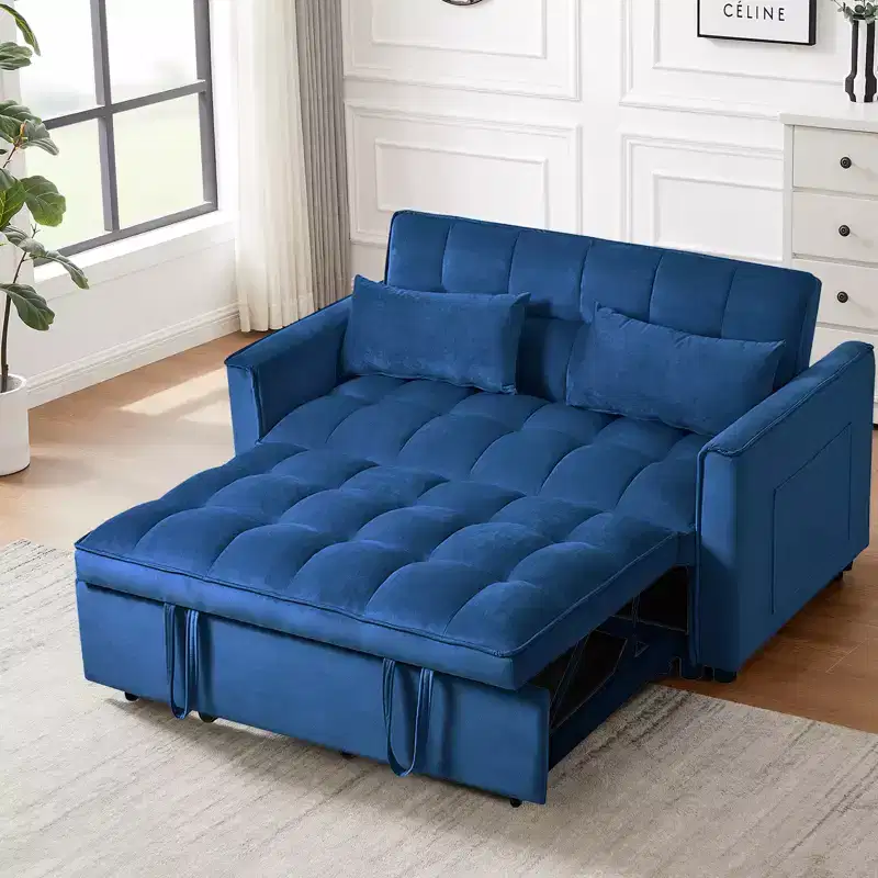 Convertible Modern Pull Out Couch Sleeper Loveseat, Velvet Bed with Adjustable Backrest and Pillow Pockets for Living Room, Blue