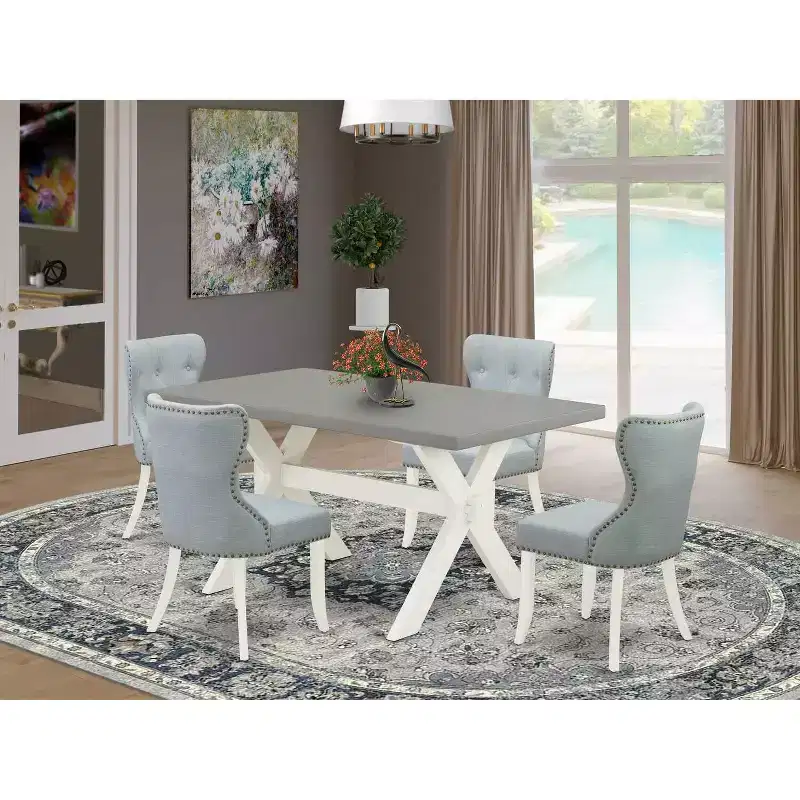5-Piece Natural Oak Finish Solid Wood Top Dining Table with 4-Parson Chair
