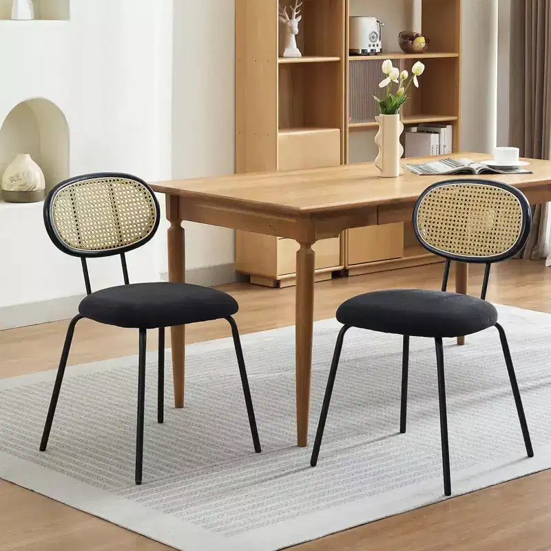 Set of 2 Mid-Century Modern Velvet Dining Chairs, Rattan Backrest & Sturdy Metal Legs, Upholstered Seating for Kitchen Living Room