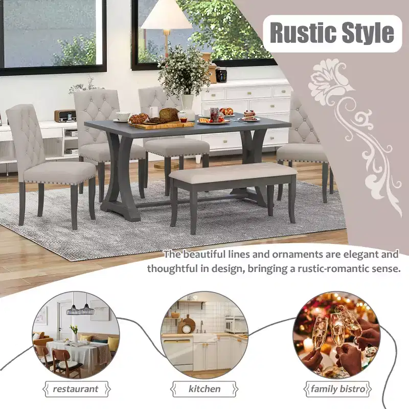 6 Pieces Farmhouse Dining Table Set, Wood Rectangular Table with 4 Upholstered Chairs and Bench