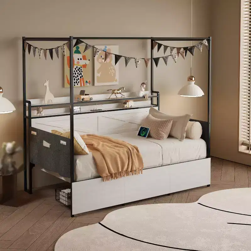 Twin Bed with Trundle, Metal Frame Sofa Bed, Heavy-Duty Metal Slats, Guardrail Shell, Reinforced Structure