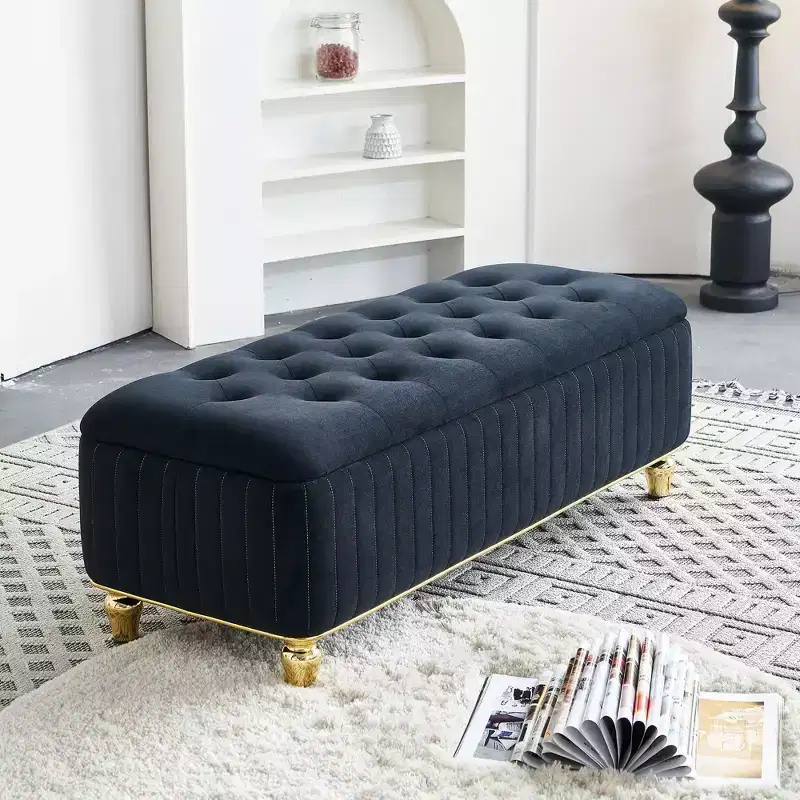 TUYOHW Storage Ottoman, Upholstered Velvet Fabric Storage Ottoman with Safety Hinge, Ottoman Bench for Living Room and Bedroom