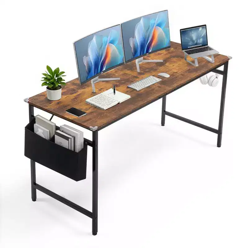 63 Computer Desk for Home Office, Study Writing Desk with Storage, Side Hooks & Adjustable Feet