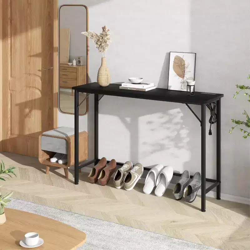 39.4 Modern Console Table with Built-in Charging Station, Slim Top & Metal Legs, Entryway, Hallway & Behind Sofa Table for Living Room, Apartment