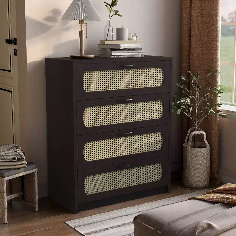 Transitional Faux Rattan Webbed 4 Drawer Chest, Espresso - Boho-Style
