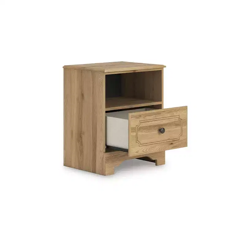 Signature Design by Ashley Bestmere One Drawer Nightstand - Warm Brown Oak Grain Finish, USB-A & USB-C Charging, Open Shelf Storage
