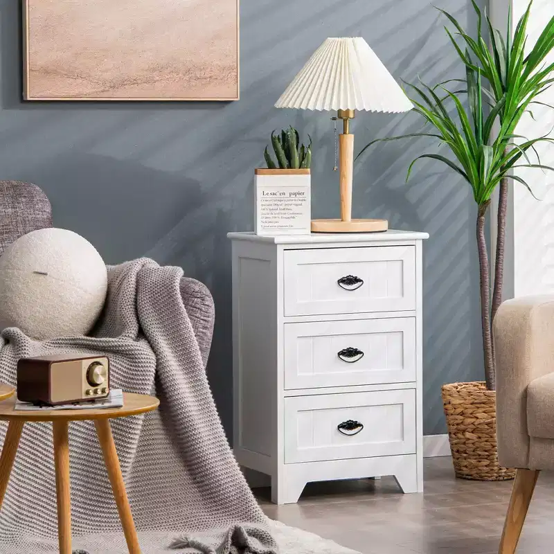 End Table Nightstand Bedroom Storage w/ 3 Drawers & Wood Slide White