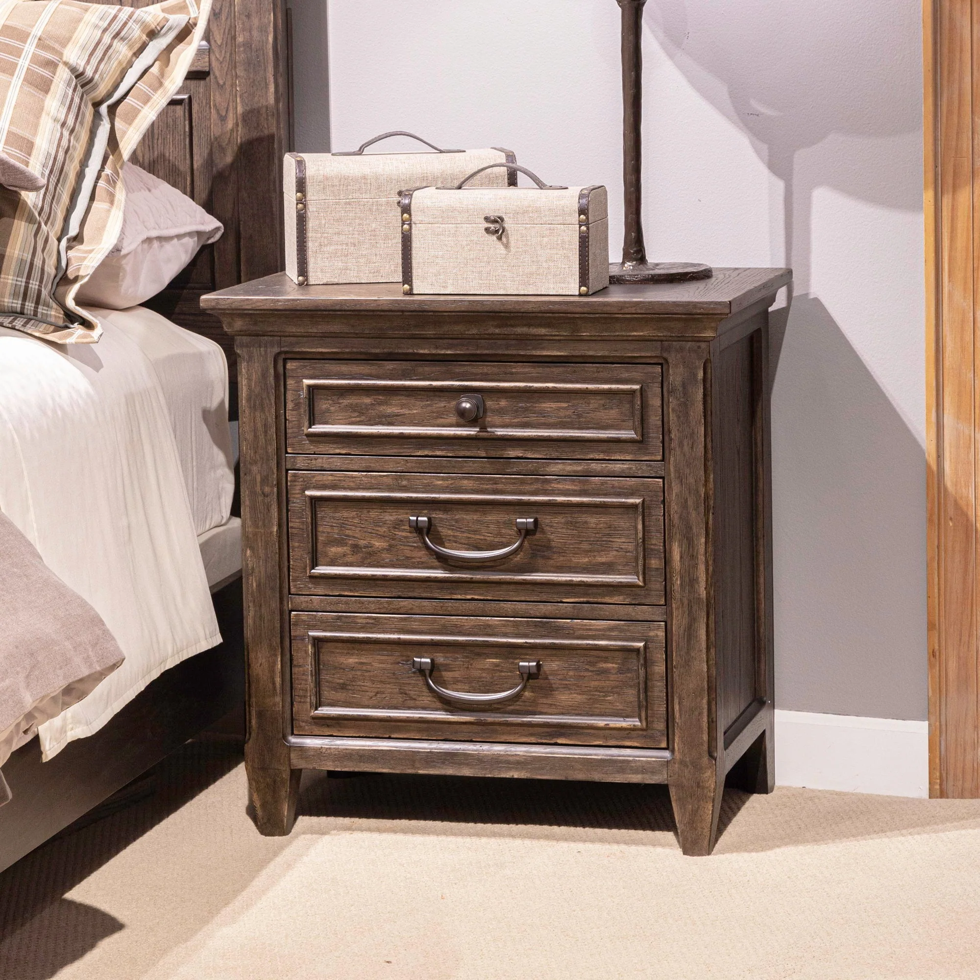 Nightstand With Charging Station - Saddle Brown — captures grand opulence with comfortable rustic styling