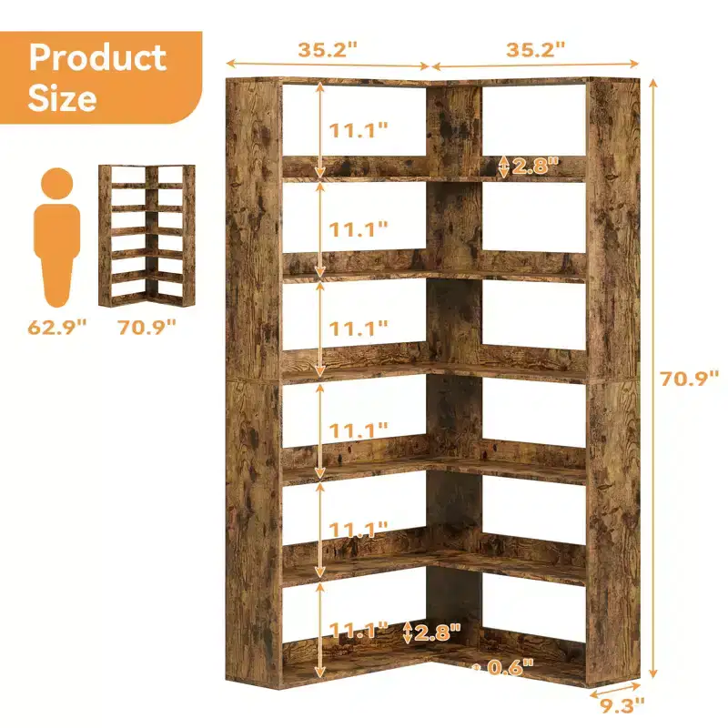L-Shaped High-Rise 6-Tier Corner Bookshelf with Dividers Living Room Home Office Vintage-Style Display Storage Rack
