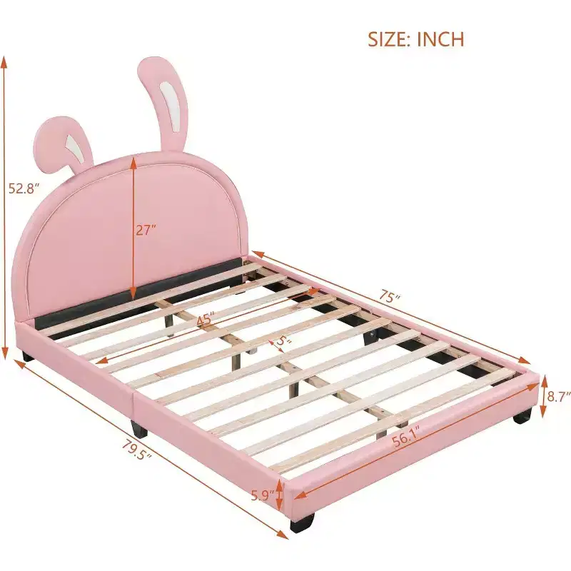 Pink Full Size Kids Platform Bed with Ears Headboard, 1-Person