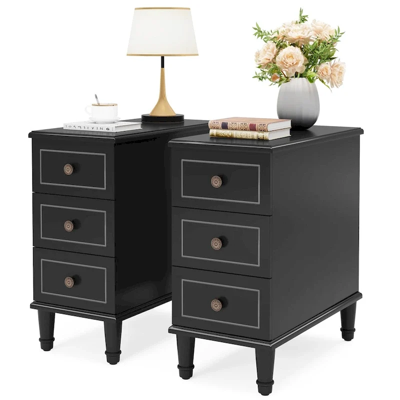 Solid Wood 3 - Drawer End Table Set,Fully Assembled Narrow Side Table