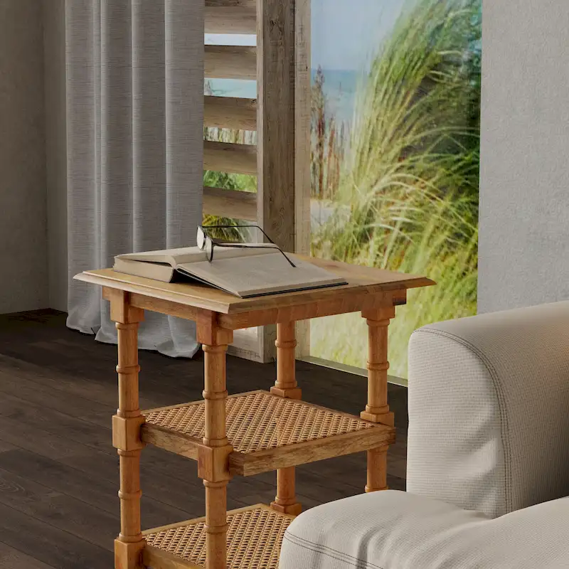 Carolina Living Chesterfield Wood & Cane 3 Shelf Side Table - Natural