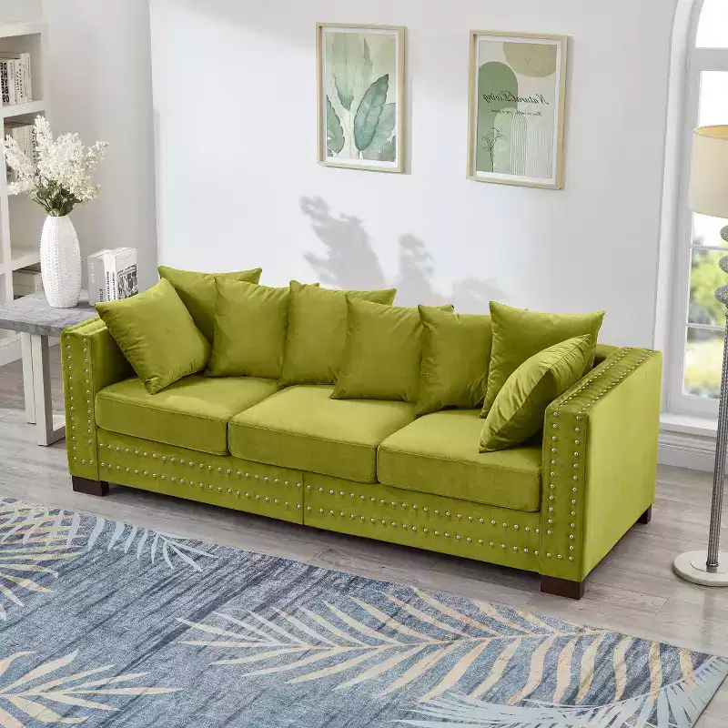 60.5 Inch Modern Three-Seater Sofa with Silver Nails, Square Armrest, Upholstered Velvet for Living Room, Green