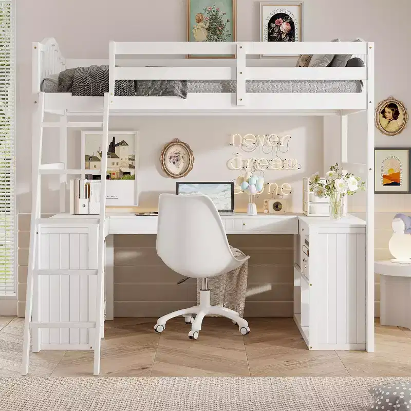 Twin size Wooden Loft Bed with Drawers, Cabinet, Shelves and Desk-ModernLuxe