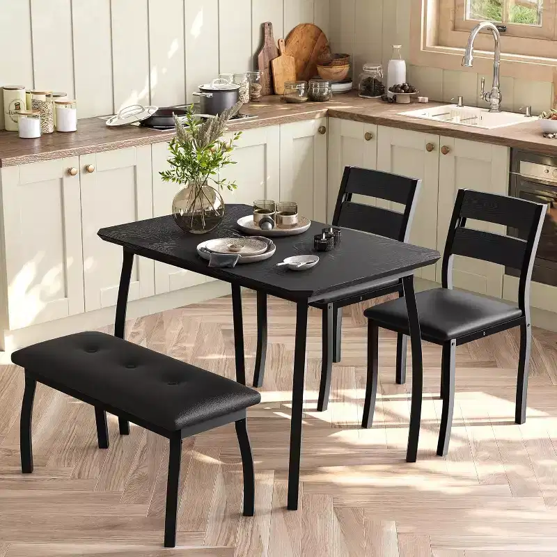 5-Piece Wood Dining Table, Upholstered Bench and 2 Chairs, Space-Saving Dinette for Studio, Kitchen, Dining Room