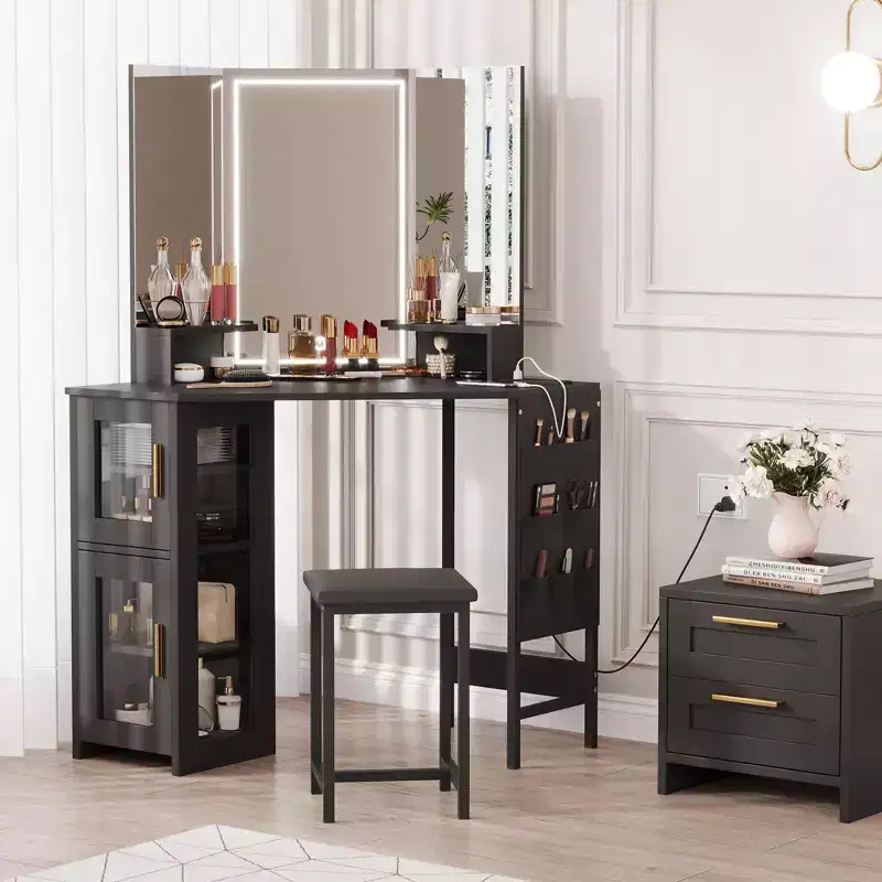 Corner Vanity Desk and Stool, Corner Makeup Vanity with LED Lighted Mirror Charging Station and Cabinet for Bedroom