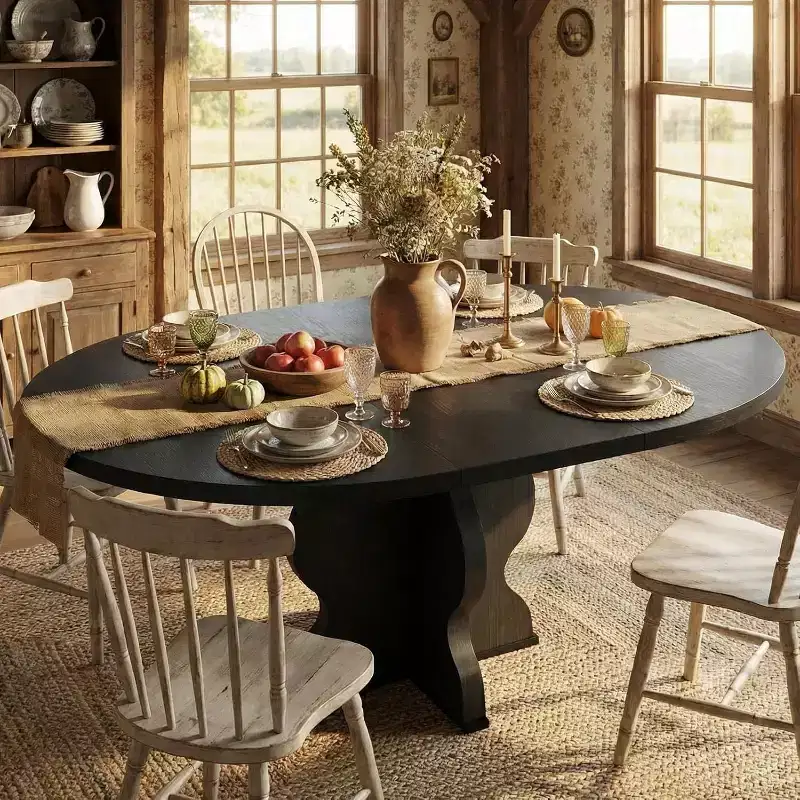47-63 Extendable Round Dining Table for 4-8, Farmhouse Wood Kitchen Table with Wider Legs & Metal Support for Apartments