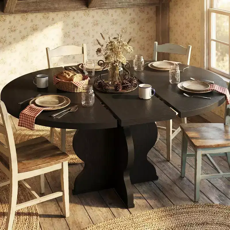 47-63 Extendable Round Dining Table for 4-8, Farmhouse Wood Kitchen Table with Wider Legs & Metal Support for Apartments
