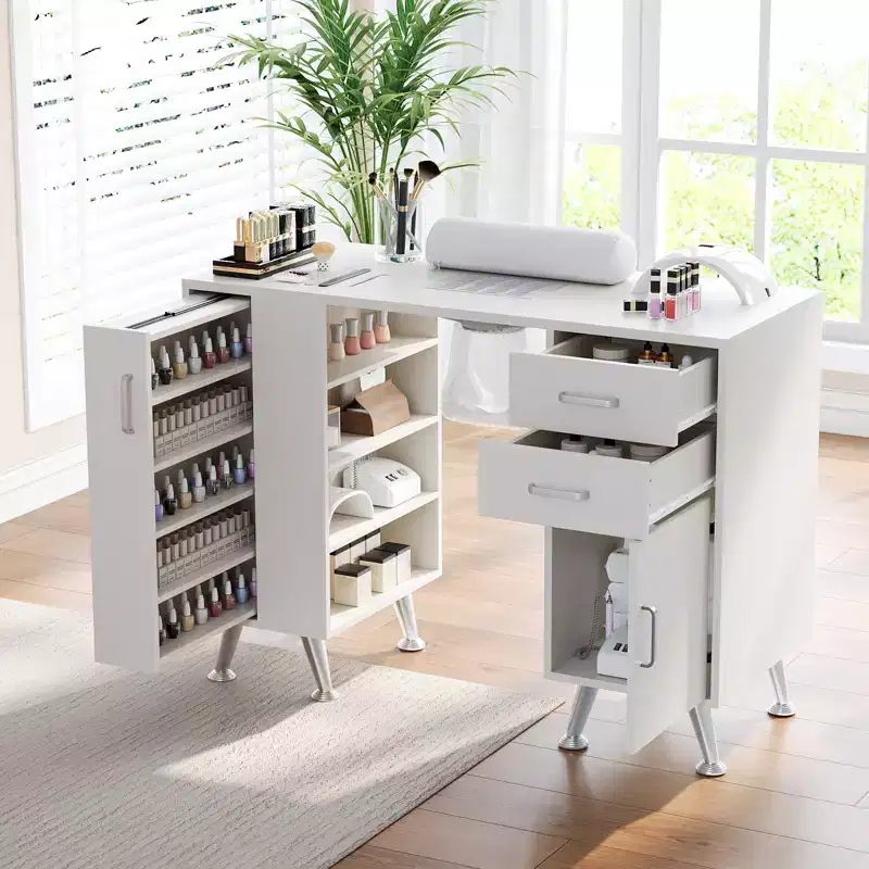 42.5 in Manicure Table Nail Station with Wrist Rest and Dust Collector, Nail Desk with Vertical Pull-Out Locker, White