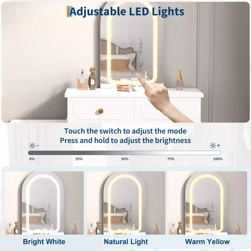 Makeup Vanity Desk with Lights and Mirror, Modern Dressing Table with 2 Drawers & 3-Drawer Cabinet