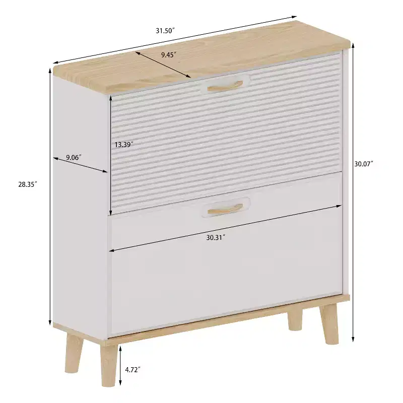 Shoe Cabinet Narrow Entryway, Compact Freestanding Shoe Rack with 2 Flip Drawers and Natural Wood Legs, Holds 8-16 Pairs of Shoes, for Entryway