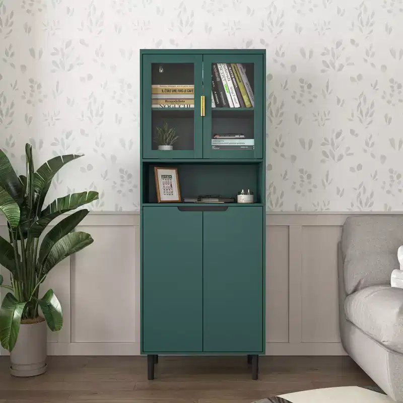 Okak Tall Bookshelf with Adjustable Board, Freestanding Storage Shelves with 4 Tempered Glass Doors, Display Case for Living Room, Office, Green