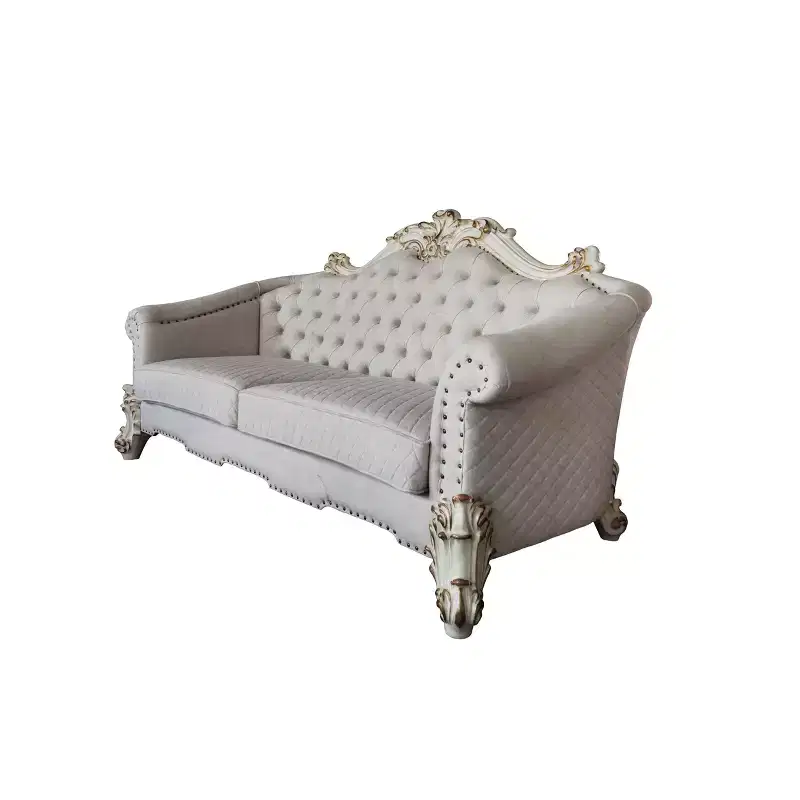 89 Vendome II Sofa: Traditional Off-White Upholstered with Tufted Nailhead Trim, Antique Finish, 3 Accent Pillows