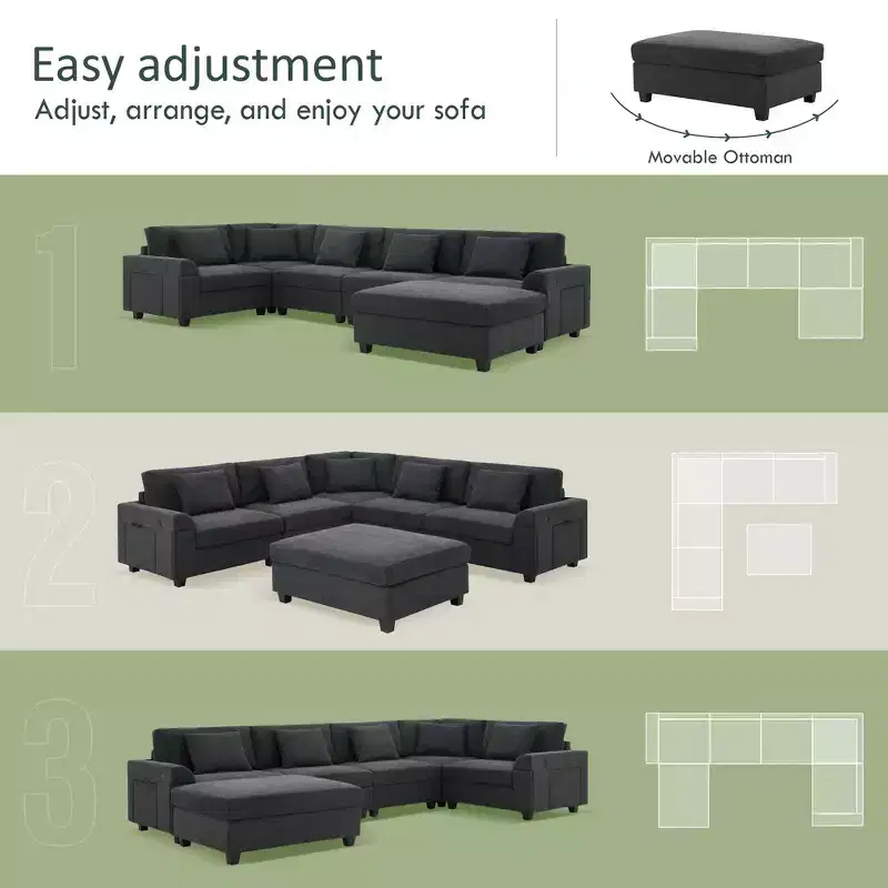 Chenille U-Shaped Sectional Sofa with Oversized Ottoman, Armrest Storage, Cup Holders and USB Charging Ports