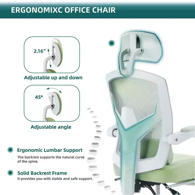 Office Chair with Retractable Footrest, Lumbar Support Pillow, and Padded Armrests, Ergonomic Swivel Design