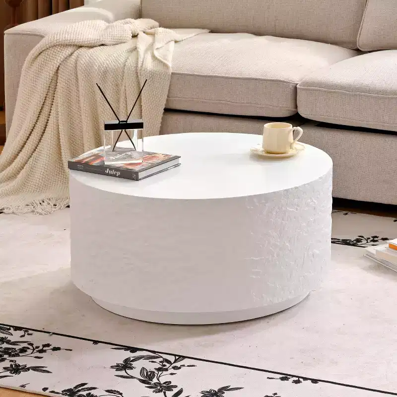 Round Coffee Table Cocktail Table Drum Center Table Sofa Side Table Accent Table with Imitation Stone Design, White, No Assembly Needed - ModernLuxe