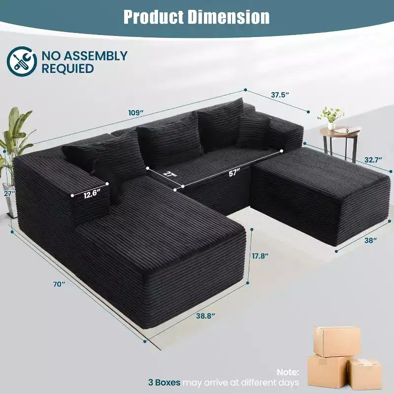 Homdox 109 U-Shape Cloud Sectional Sofa with Ottoman - Boneless Corduroy Couch Set, Deep Thickened Seats, No Assembly Required