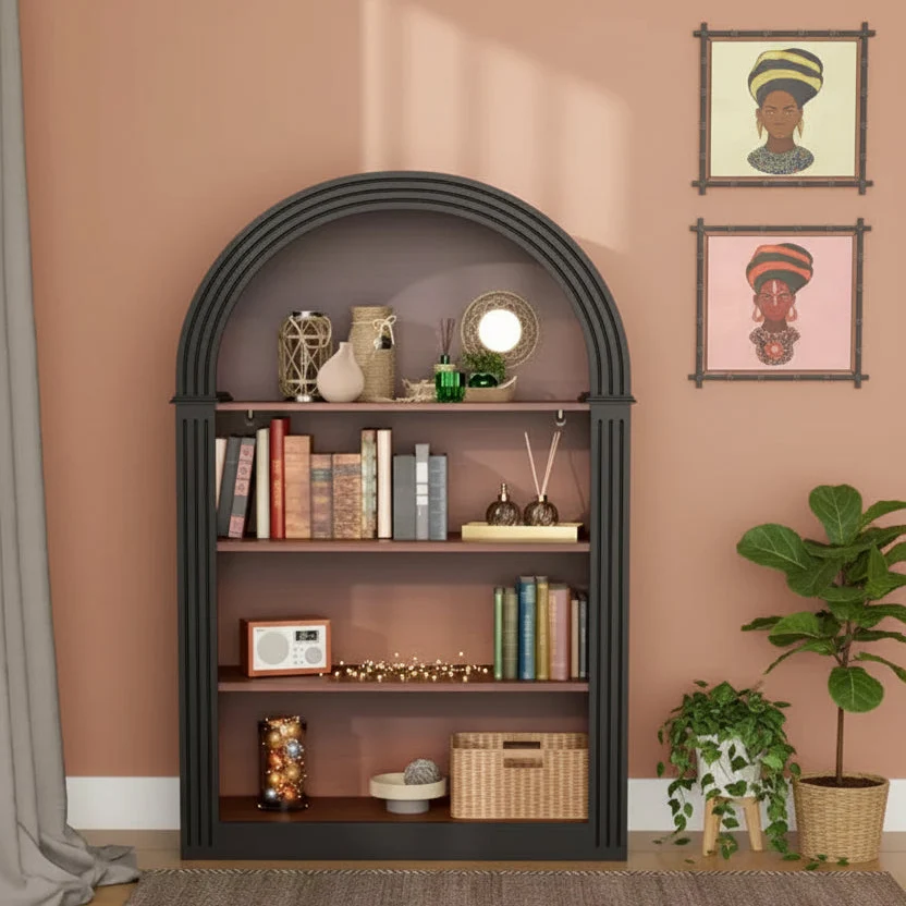 4-Tier Wooden Arched Open Floor Bookcase, Large Storage Organizer for Library, Bedroom, Living Room, Black