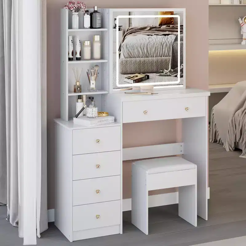 Okak 37 Vanity Table with Cushioned Stool and Large Sliding Mirror, Makeup Vanity with High Capacity Storage, Dressing Table for Home, White