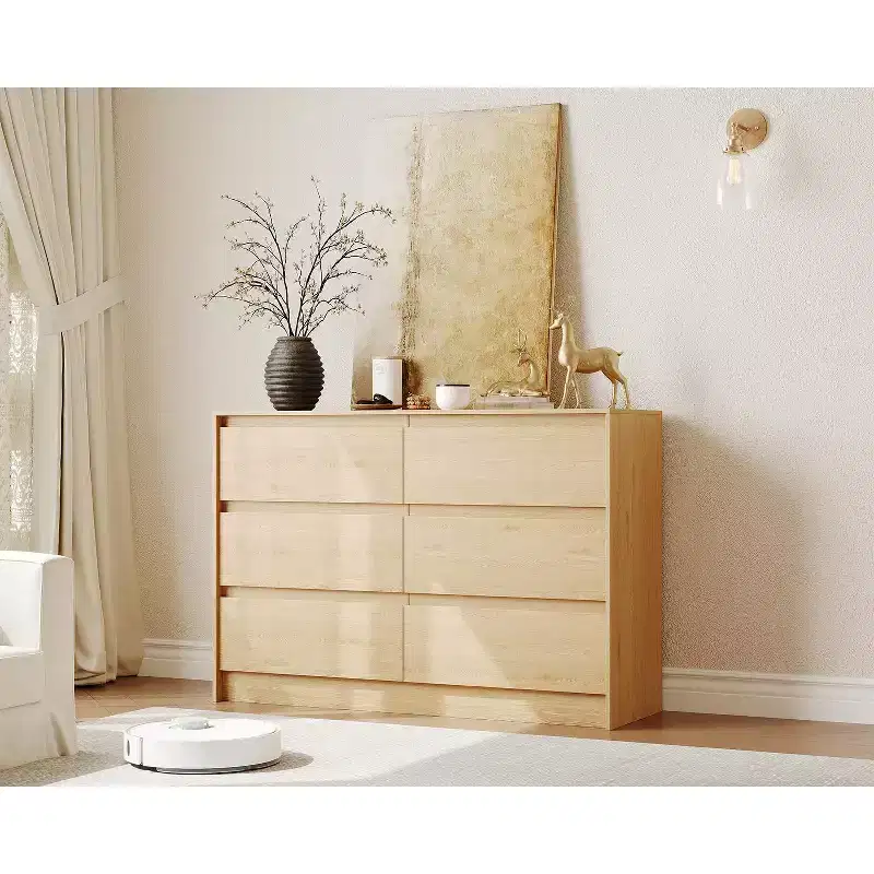 Farmhouse 6 Drawer Dresser, 47 Inch Wide Chest of Drawers, Design Natural Oak Wooden Organizer Cabinet for Bedroom, Living Room, TV Stand