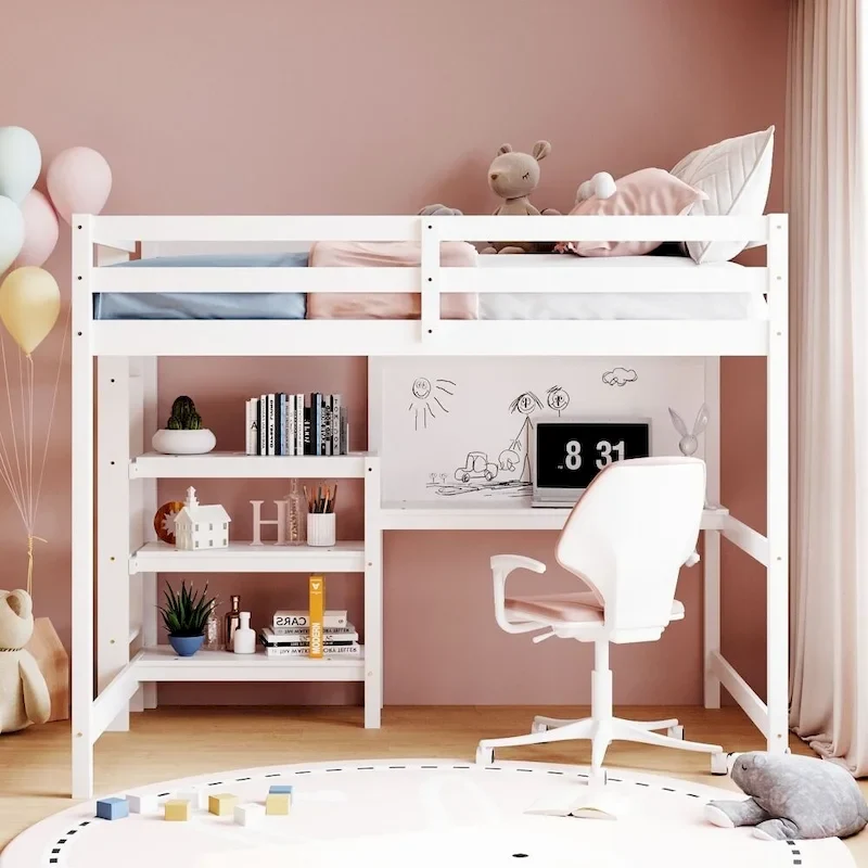 Full Size Wooden Loft Bed with Shelves, Desk and Writing Board