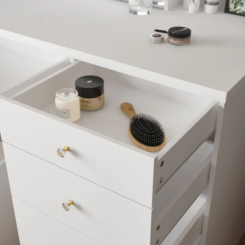 Makeup Vanity Table Set with Three-Color Light Mirror&Mirror & Stool - N/A